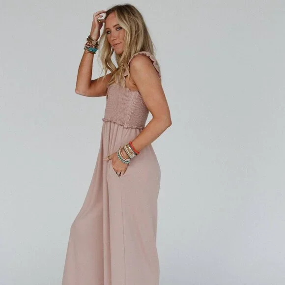 NWT THREE BIRD NEST Nothing Compares Smocked Ruffle Jumpsuit Dusty Rose Small - Picture 1 of 4